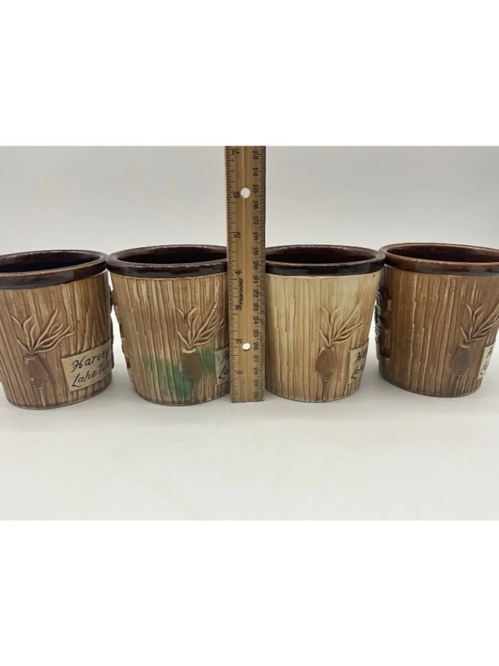 Harveys Lake Tahoe Vintage Tiki Mug Otagiri Brown Bucket Style Set of 4 Barware